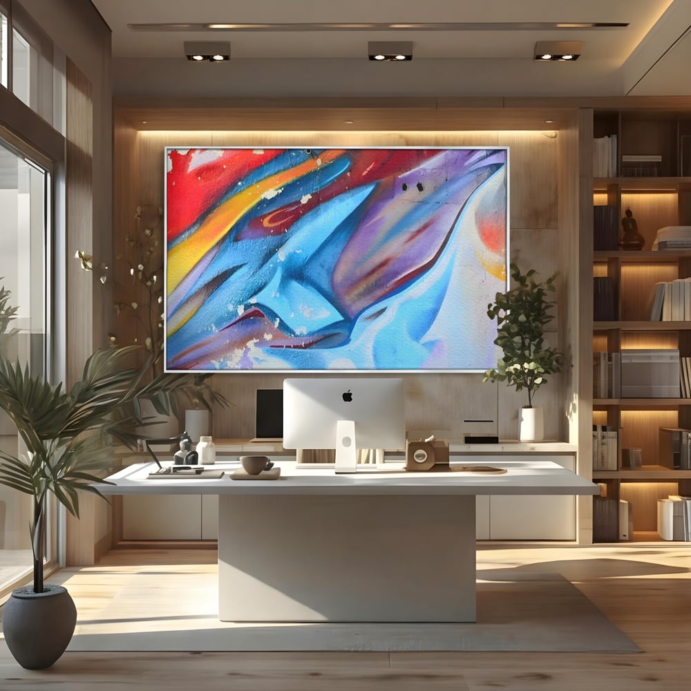 Tablou canvas cu pictura abstracta cu graffiti multicolor, in rama de aluminiu argintiu, pe perete intr-un birou